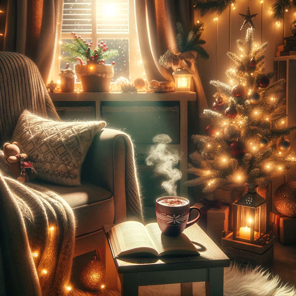 Przytulny świąteczny kącik z parującym kubkiem kakao na stoliku, otwartą książką i ciepłym światłem – idealne tło do artykułu o znalezieniu spokoju przed świętami.